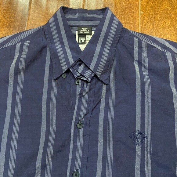 Versace Couture Striped Navy Blue Slim Fit Button Down Shirt Men's Size Medium - Picture 2 of 8